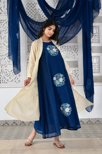 Neel ivory hand applique dori embroidered mulmul overlay