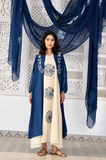 Neel indigo hand applique dori embroidered mulmul overlay