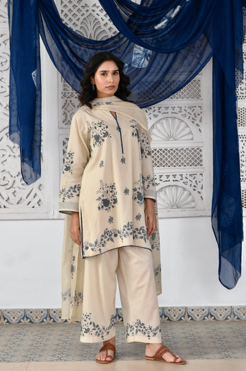 Neel ivory hand block printed cotton short kurta set