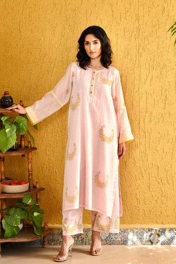 Elara pink hand block printed chanderi kurta set