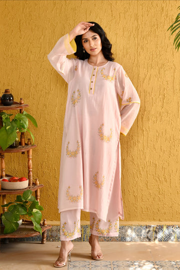 Elara pink hand block printed chanderi kurta set