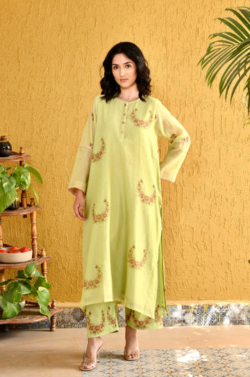 Elara lime hand block printed chanderi kurta set