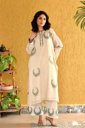 Elara ivory indigo hand block printed chanderi kurta set