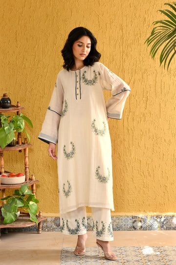 Elara ivory indigo hand block printed chanderi kurta set
