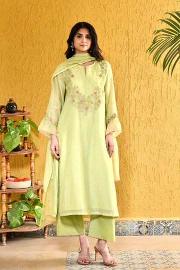 Nadley lime green organza applique hand embroidered chanderi kurta set