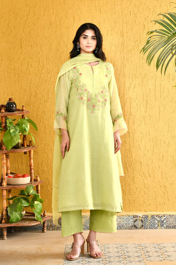 Nadley lime green organza applique hand embroidered chanderi kurta set