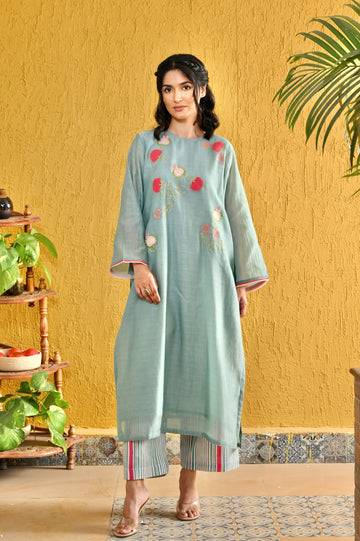 Punica anar sky blue hand applique work chanderi kurta set