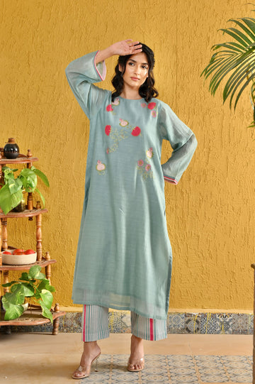 Punica anar sky blue hand applique work chanderi kurta set
