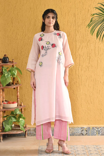 Punica anar pink hand applique work chanderi kurta set
