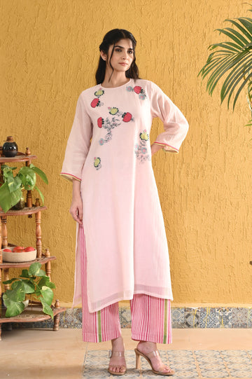 Punica anar pink hand applique work chanderi kurta set