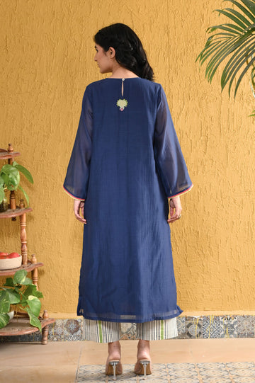 Punica anar indigo hand applique work chanderi kurta set