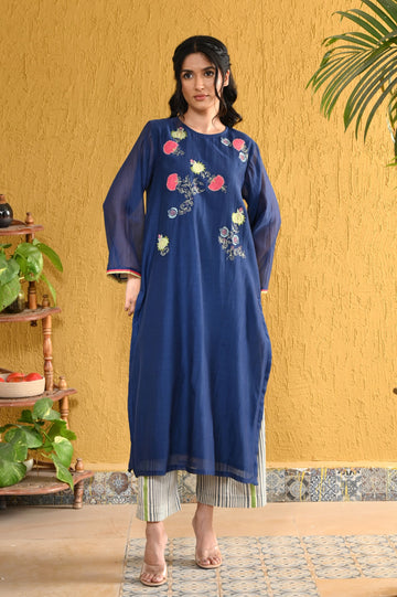Punica anar indigo hand applique work chanderi kurta set