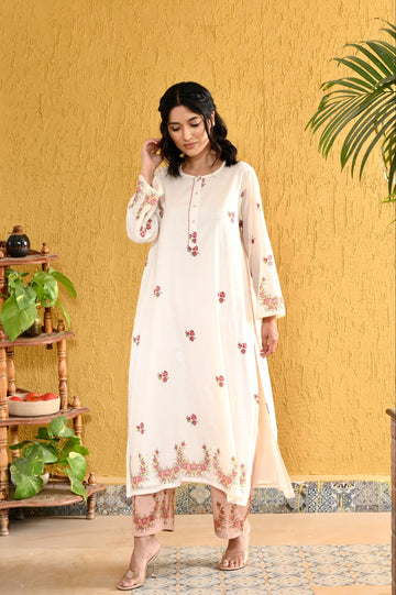 Elara ivory peach hand block printed cotton kurta set