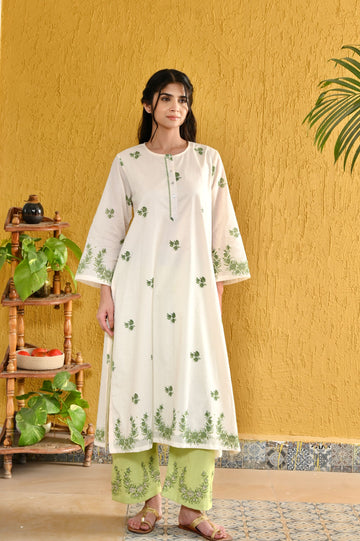 Elara ivory lime green hand block printed cotton kurta set