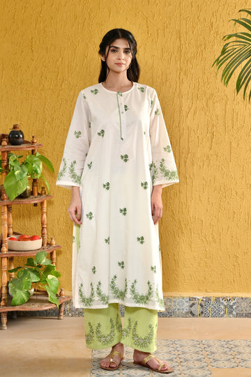 Elara ivory lime green hand block printed cotton kurta set