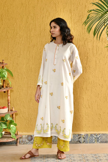 Elara ivory lime yellow hand block printed cotton kurta set