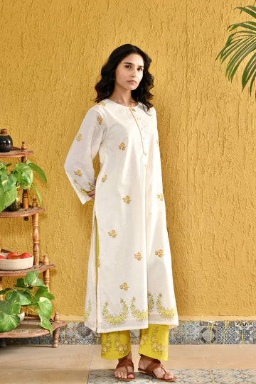 Elara ivory lime yellow hand block printed cotton kurta set