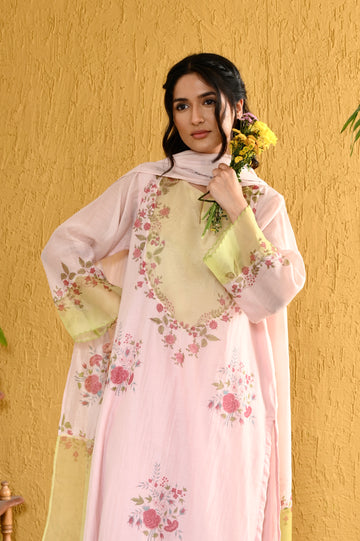 Nadley kosumi pink hand block printed chanderi kurta set