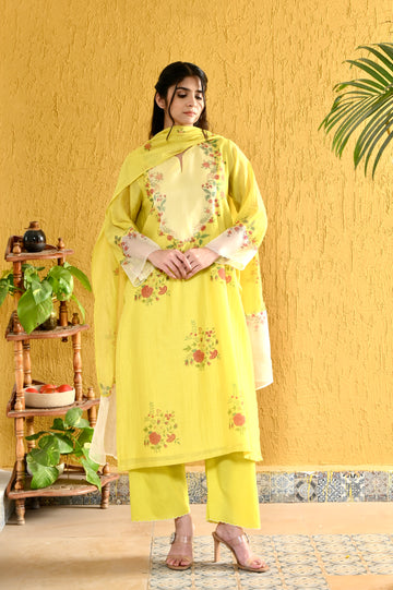 Nadley kosumi lime yellow hand block printed chanderi kurta set