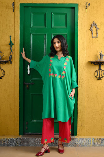 Jahan green hand applique work mul kaftan set