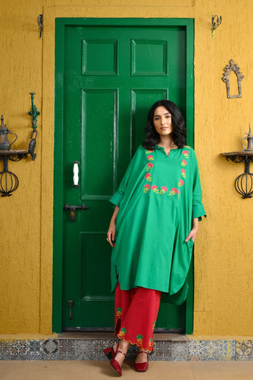 Jahan green hand applique work mul kaftan set