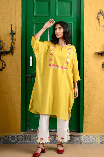 Jahan mustard hand applique work mul kaftan set