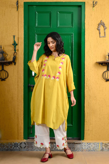 Jahan mustard hand applique work mul kaftan set