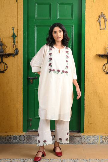 Jahan ivory hand applique work mul kaftan set