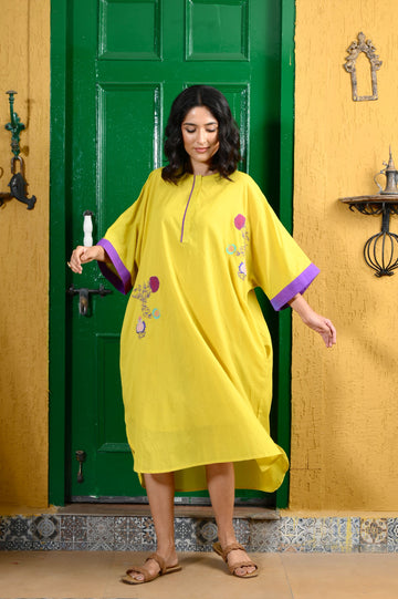 Punica anar lime yellow hand applique work mulmul kaftan
