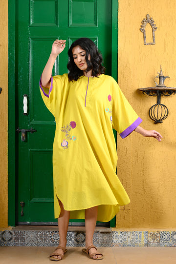 Punica anar lime yellow hand applique work mulmul kaftan