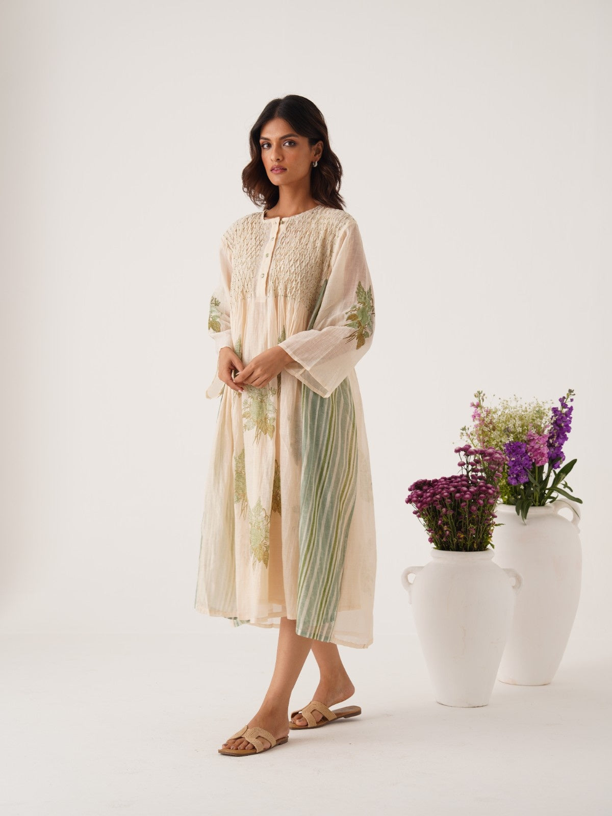 Gul ivory-celedon hand smocked and block printed chanderi dress