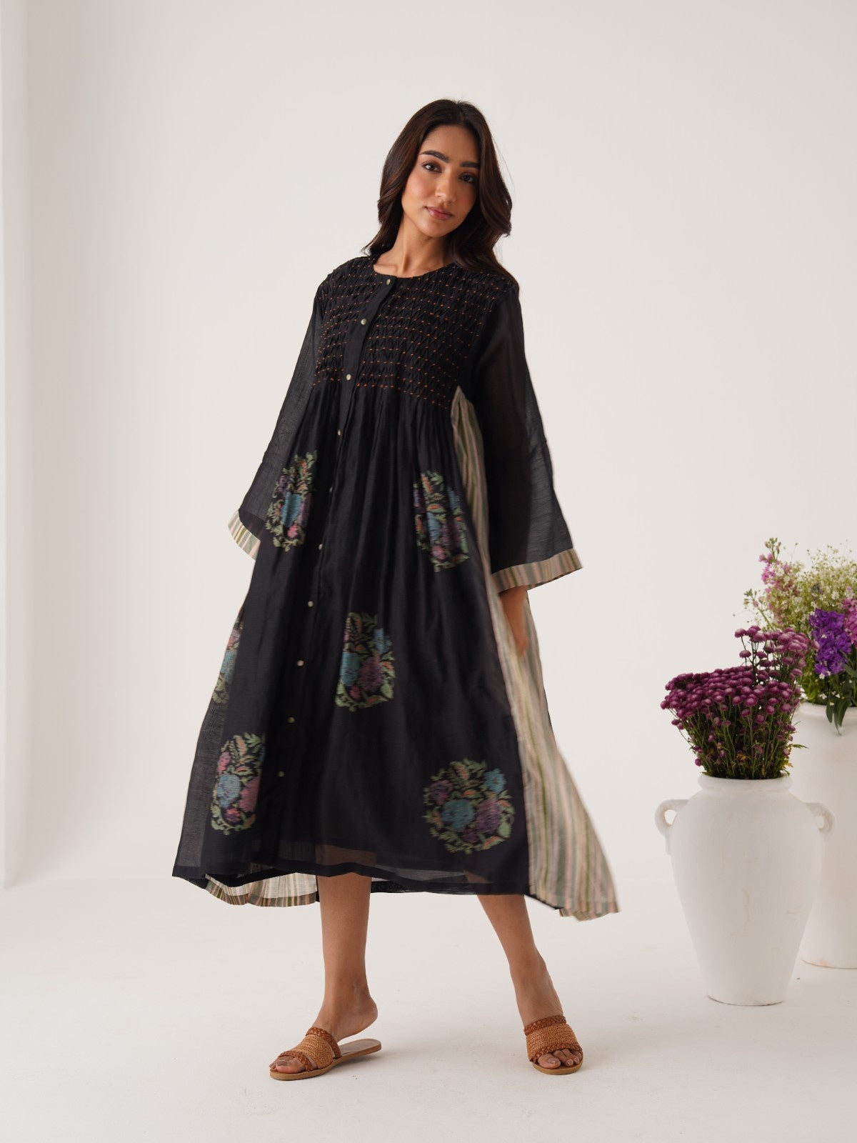Cabana black hand smocked and block printed chanderi dress