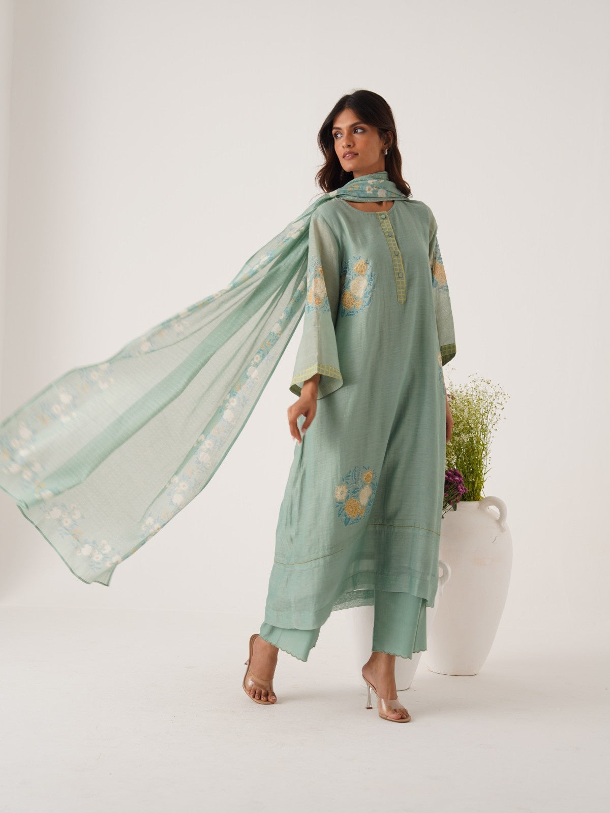 Adira powder blue hand block printed aline chanderi kurta set (set of 3)