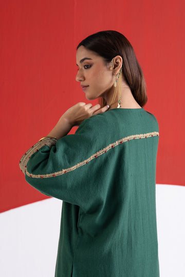 Roha green zari and dori embroidered pure wool kaftan phiran