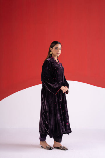 Rosy purple patra and thread embroidered silk velvet phiran