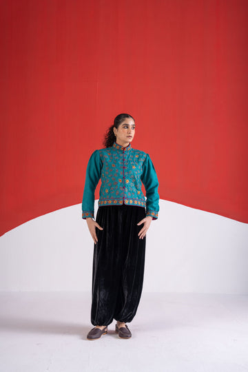 Rupsi teal blue thread embroidered wool jacket