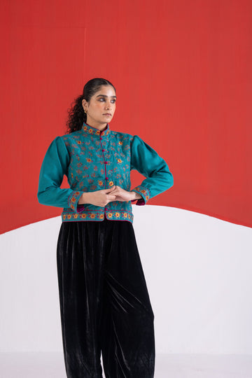 Rupsi teal blue thread embroidered wool jacket