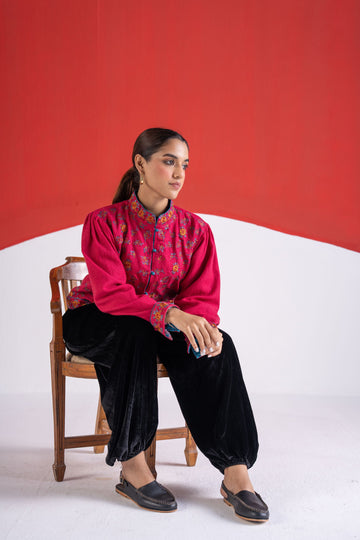 Rupsi fuschia thread embroidered wool jacket