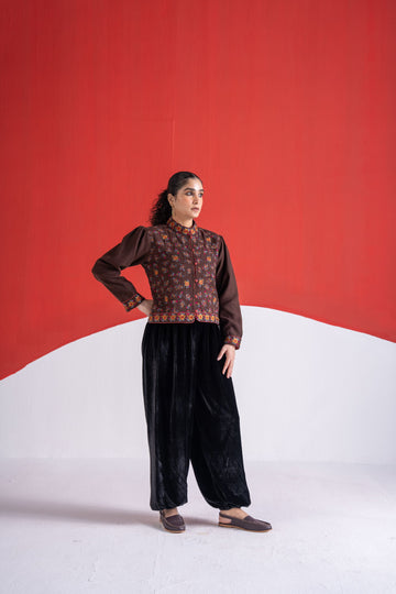 Rupsi brown thread embroidered wool jacket