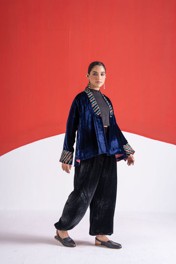 Faazia blue zari and metal sequins handwork velvet jacket