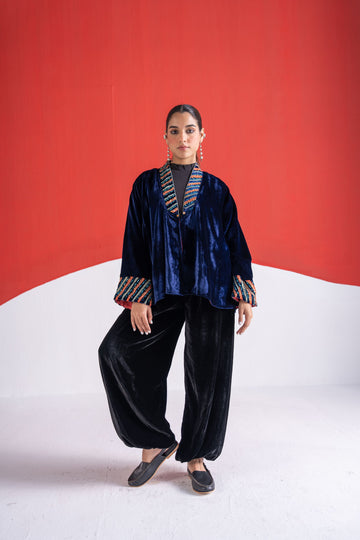 Faazia blue zari and metal sequins handwork velvet jacket