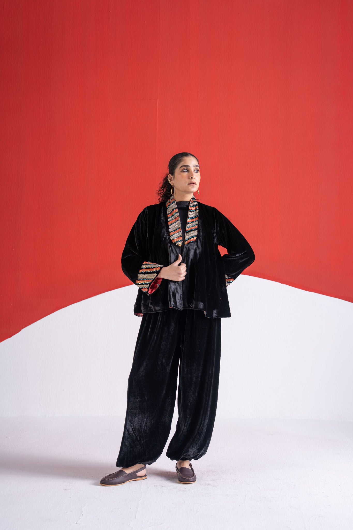 Faazia black zari and metal sequins handwork velvet jacket