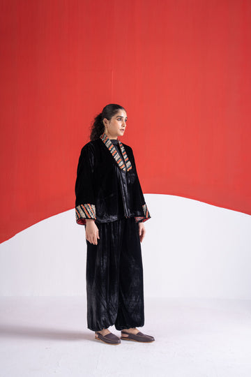 Faazia black zari and metal sequins handwork velvet jacket