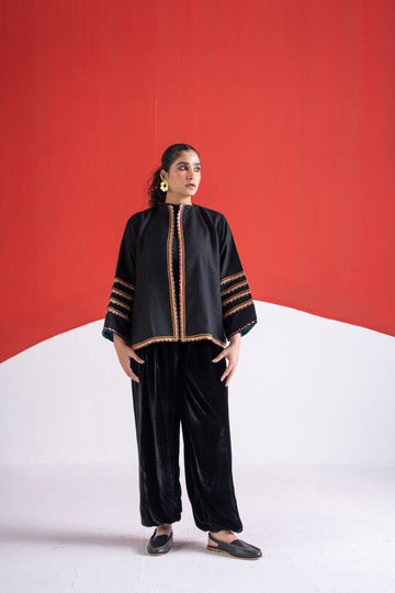 Zainaab black metal sequins and zari embroidered wool jacket
