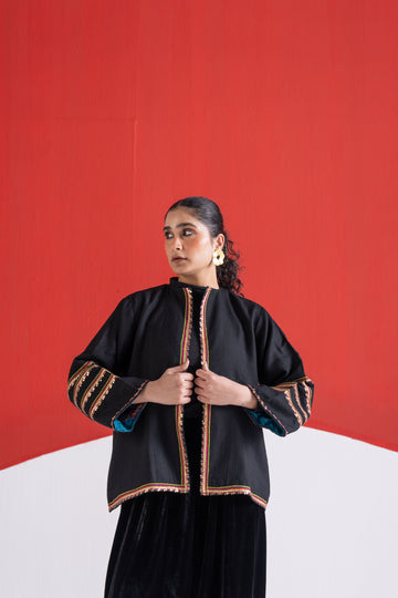 Zainaab black metal sequins and zari embroidered wool jacket