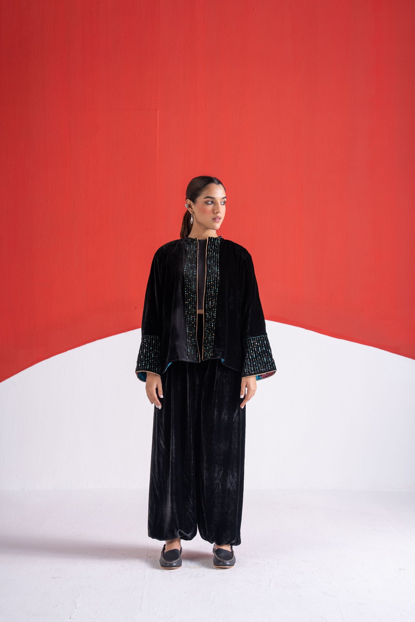 Mastani black patra and thread work velvet jacket