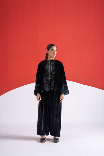 Mastani black patra and thread work velvet jacket