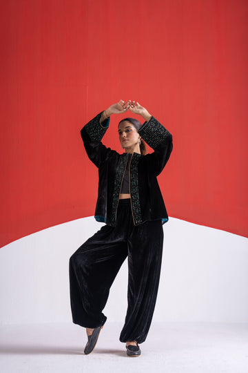 Mastani black patra and thread work velvet jacket