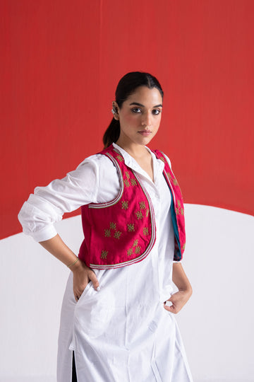 Sanaa fuschia bead and zari embroidered wool koti