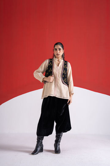 Sanaa black bead and zari embroidered wool koti